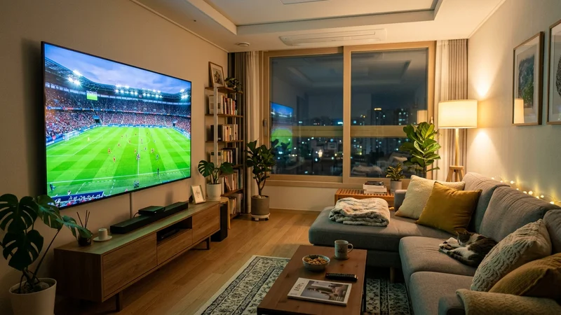 태극기가 걸린 아늑한 한국 가정집 거실의 대형 스마트 TV 화면에 가득 찬 초록빛 축구 경기장과 축구공 이미지
